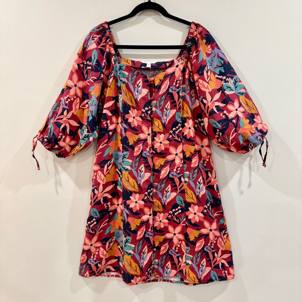 Garnet Hill Linen Floral Puff Sleeve Dress Button Front Cottage Garden